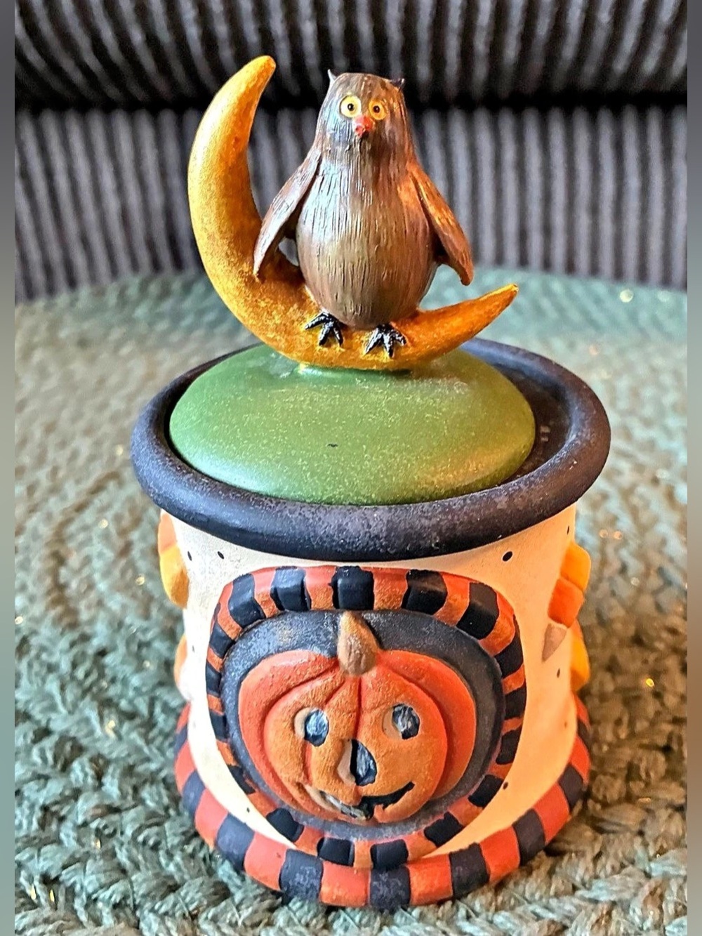 Debbie Mumm Halloween candle Holder Jar with Owl and Pumpkin Candy Corn VTG